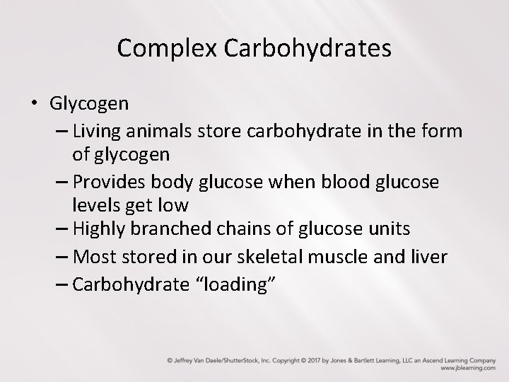 Complex Carbohydrates • Glycogen – Living animals store carbohydrate in the form of glycogen