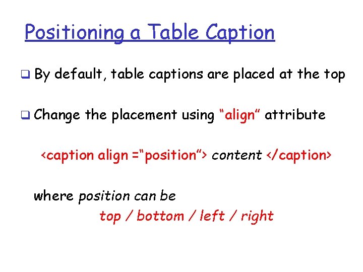 Positioning a Table Caption q By default, table captions are placed at the top Positioning a Table Caption q By default, table captions are placed at the top
