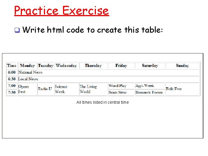 Practice Exercise q Write html code to create this table: All times listed in Practice Exercise q Write html code to create this table: All times listed in