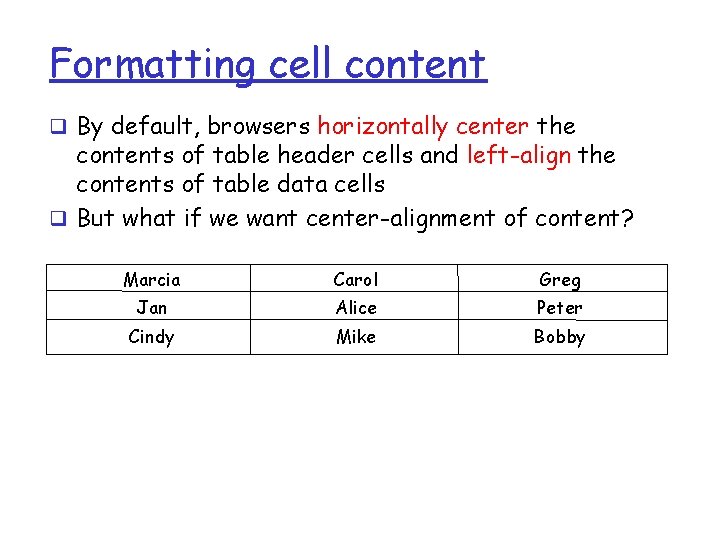 Formatting cell content q By default, browsers horizontally center the contents of table header Formatting cell content q By default, browsers horizontally center the contents of table header