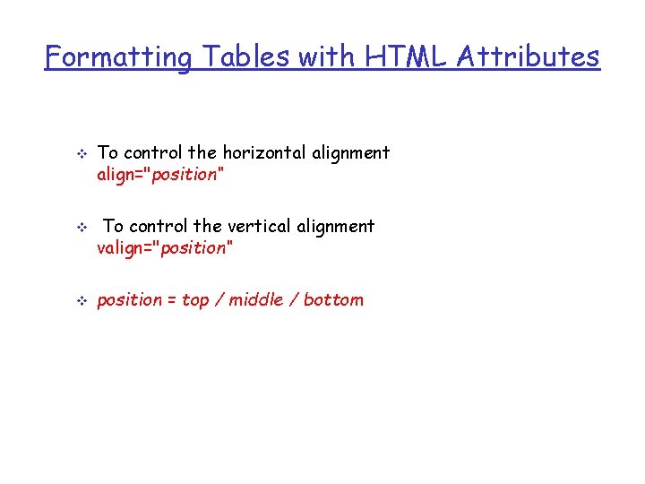 Formatting Tables with HTML Attributes v v v To control the horizontal alignment align="position“ Formatting Tables with HTML Attributes v v v To control the horizontal alignment align="position“