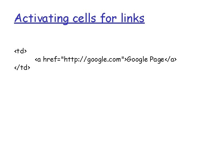 Activating cells for links <td> </td> <a href="http: //google. com">Google Page</a> Activating cells for links <td> </td> <a href="http: //google. com">Google Page</a>