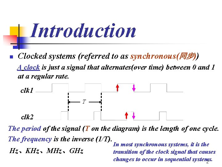 Introduction n Clocked systems (referred to as synchronous(同步)) A clock is just a signal