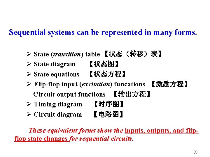 Sequential systems can be represented in many forms. Ø State (transition) table 【状态（转移）表】 Ø