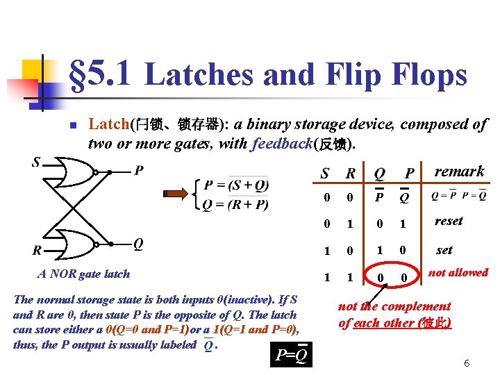 § 5. 1 Latches and Flip Flops n Latch(闩锁、锁存器): a binary storage device, composed