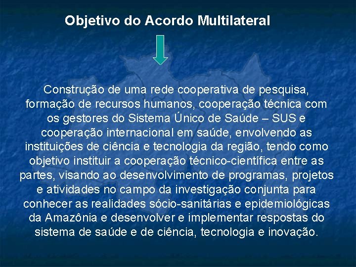 Objetivo do Acordo Multilateral Construção de uma rede cooperativa de pesquisa, formação de recursos