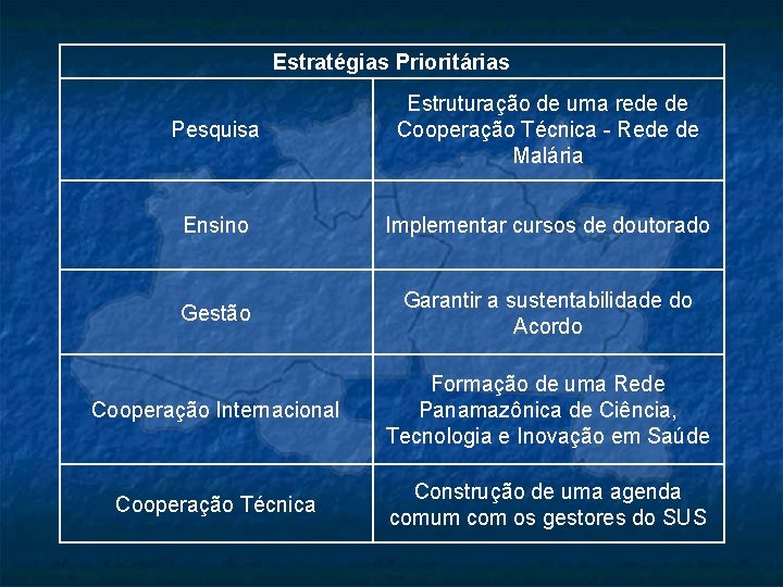 Estratégias Prioritárias Pesquisa Estruturação de uma rede de Cooperação Técnica - Rede de Malária