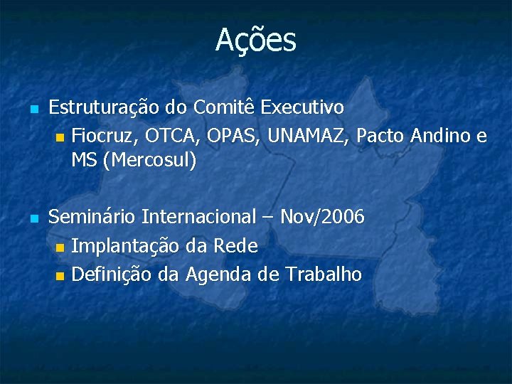 Ações n n Estruturação do Comitê Executivo n Fiocruz, OTCA, OPAS, UNAMAZ, Pacto Andino