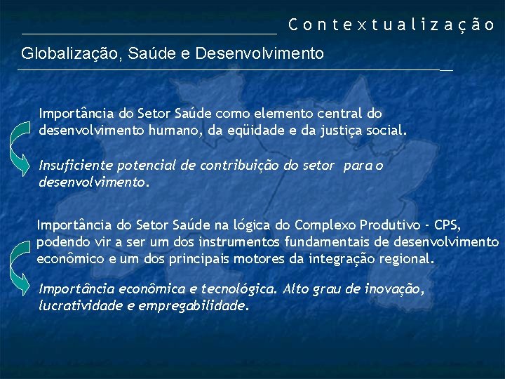 Contextualização Globalização, Saúde e Desenvolvimento Importância do Setor Saúde como elemento central do desenvolvimento