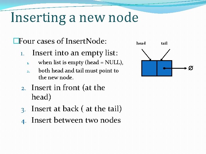 Inserting a new node �Four cases of Insert. Node: 1. Insert into an empty