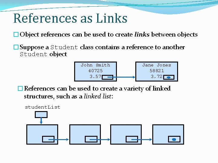 References as Links �Object references can be used to create links between objects �Suppose