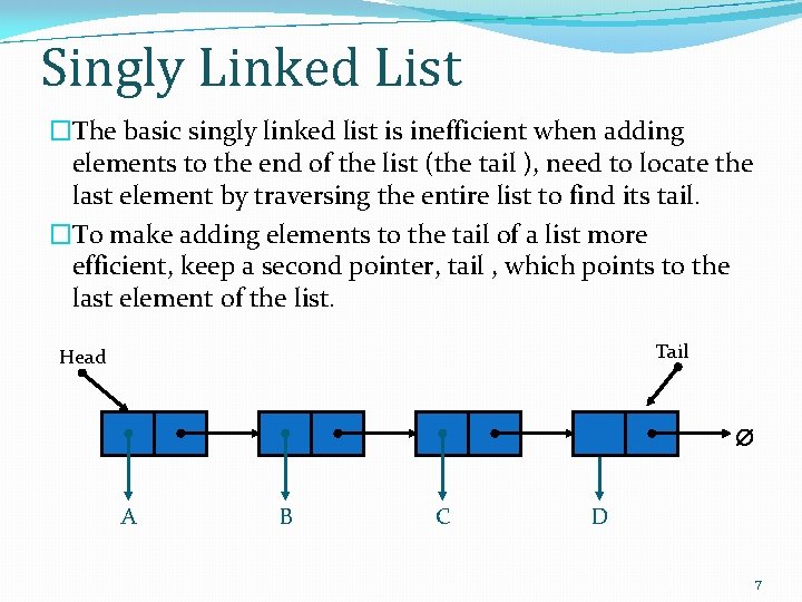 Singly Linked List �The basic singly linked list is inefficient when adding elements to