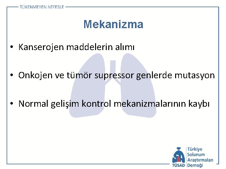 Mekanizma • Kanserojen maddelerin alımı • Onkojen ve tümör supressor genlerde mutasyon • Normal