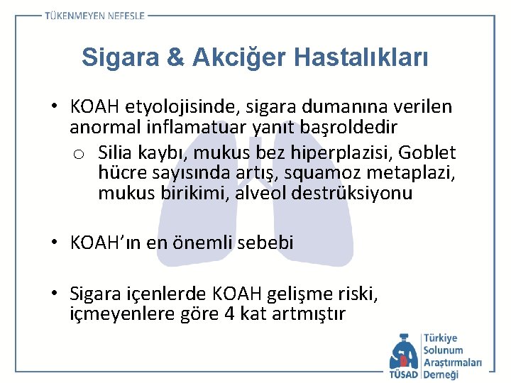 Sigara & Akciğer Hastalıkları • KOAH etyolojisinde, sigara dumanına verilen anormal inflamatuar yanıt başroldedir