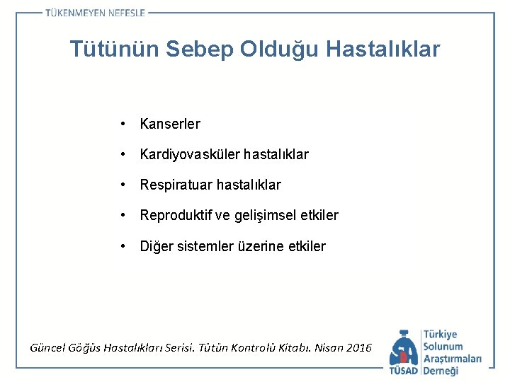 Tütünün Sebep Olduğu Hastalıklar • Kanserler • Kardiyovasküler hastalıklar • Respiratuar hastalıklar • Reproduktif