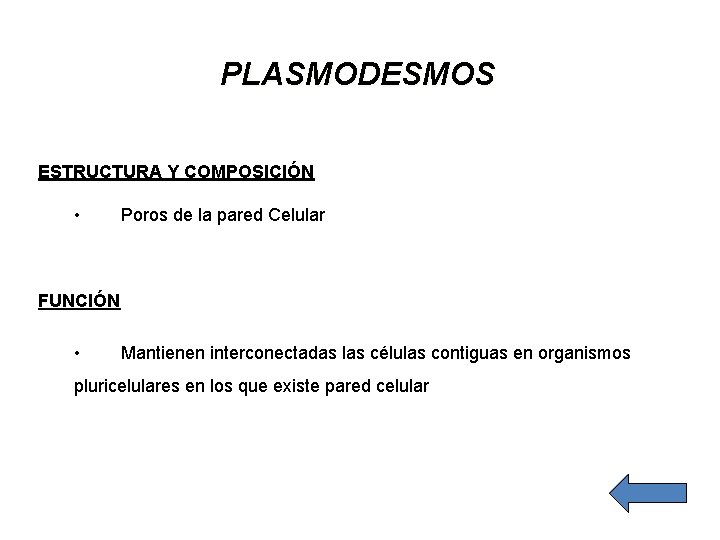 PLASMODESMOS ESTRUCTURA Y COMPOSICIÓN • Poros de la pared Celular FUNCIÓN • Mantienen interconectadas