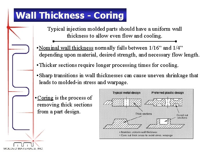 Wall Thickness - Coring Typical injection molded parts should have a uniform wall thickness