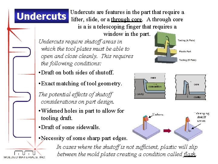 Undercuts are features in the part that require a lifter, slide, or a through