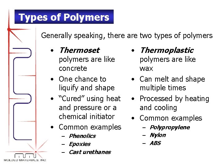 Types of Polymers Generally speaking, there are two types of polymers • Thermoset polymers