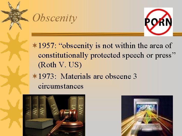 Obscenity ¬ 1957: “obscenity is not within the area of constitutionally protected speech or