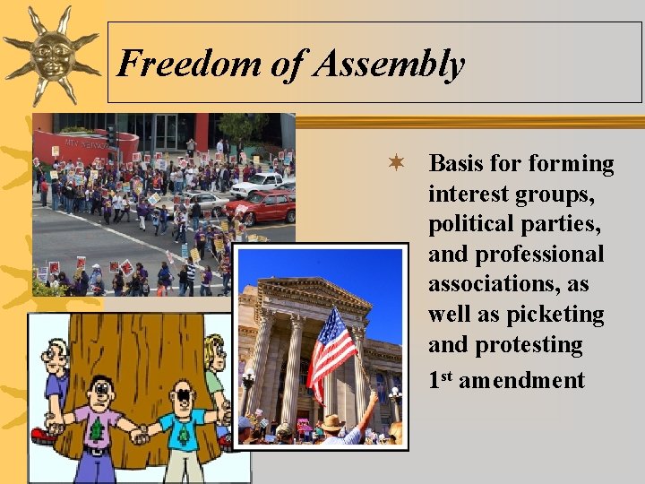 Freedom of Assembly ¬ Basis forming interest groups, political parties, and professional associations, as