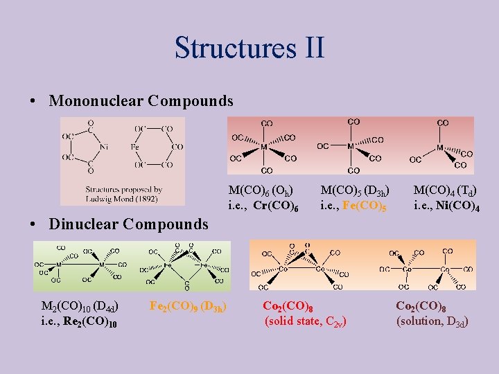 Structures II • Mononuclear Compounds M(CO)6 (Oh) i. e. , Cr(CO)6 M(CO)5 (D 3