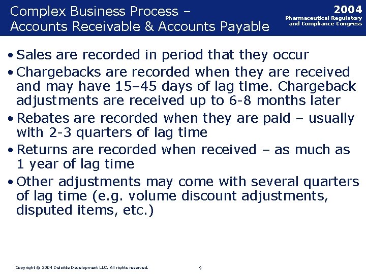Complex Business Process – Accounts Receivable & Accounts Payable 2004 Pharmaceutical Regulatory and Compliance