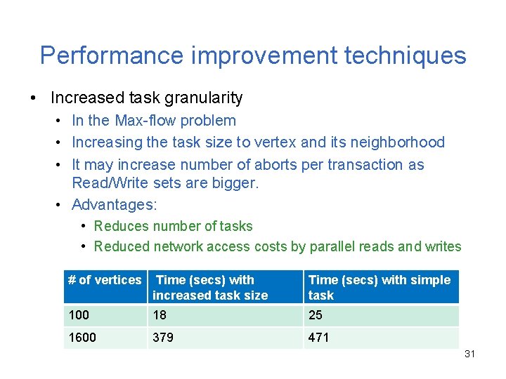 Performance improvement techniques • Increased task granularity • In the Max-flow problem • Increasing