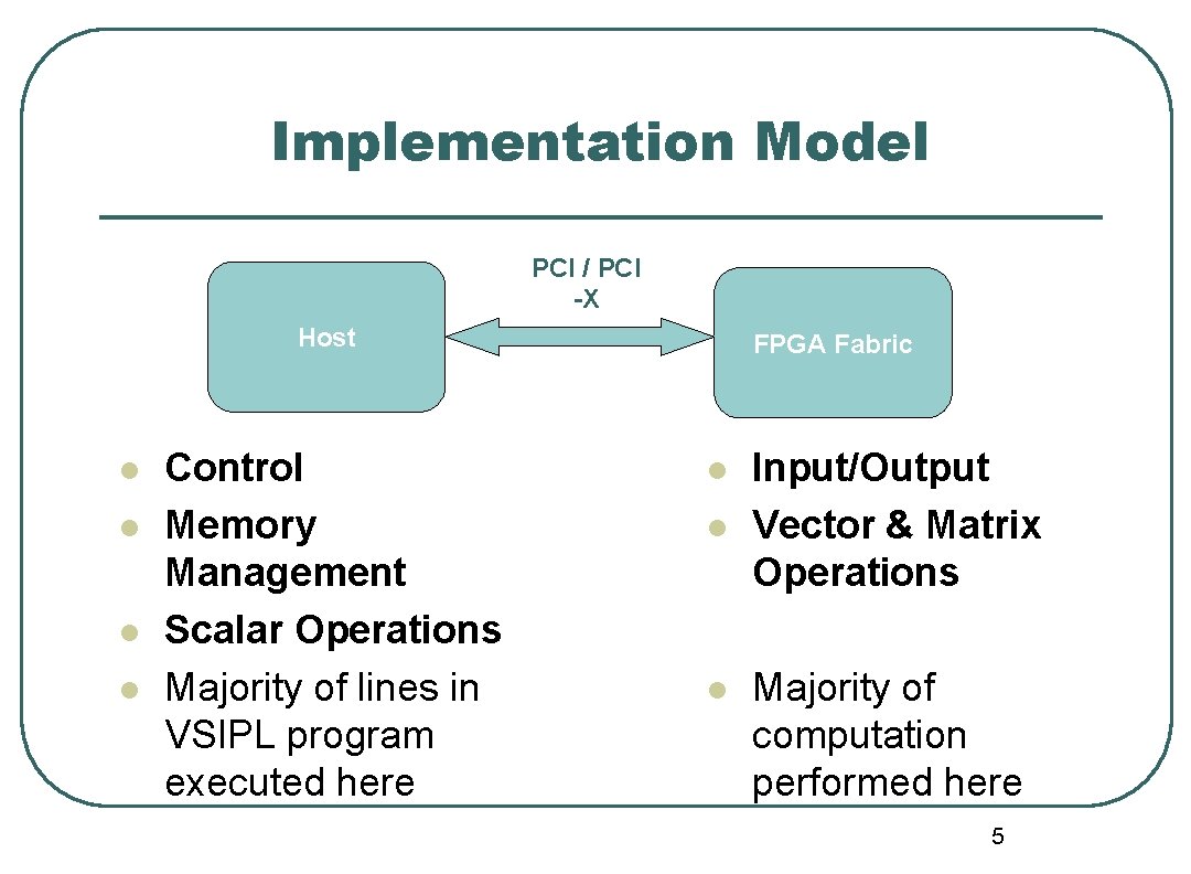 Implementation Model PCI / PCI -X Host l l Control Memory Management Scalar Operations