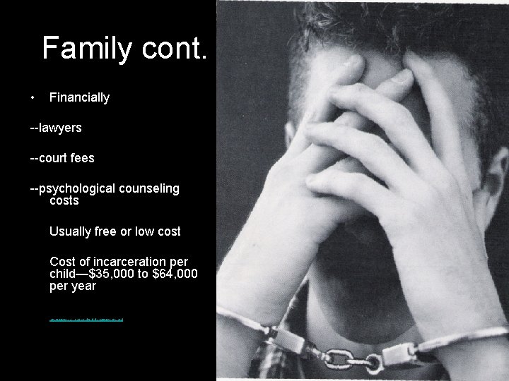 Family cont. • Financially --lawyers --court fees --psychological counseling costs Usually free or low