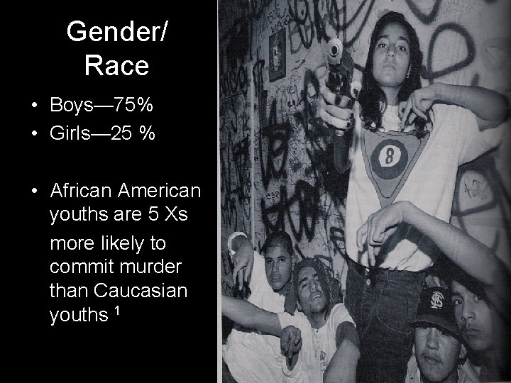 Gender/ Race • Boys— 75% • Girls— 25 % • African American youths are