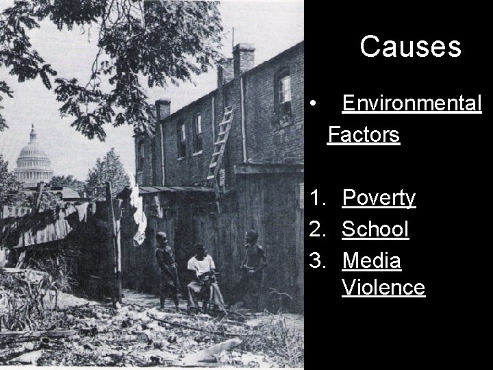 Causes • Environmental Factors 1. Poverty 2. School 3. Media Violence 