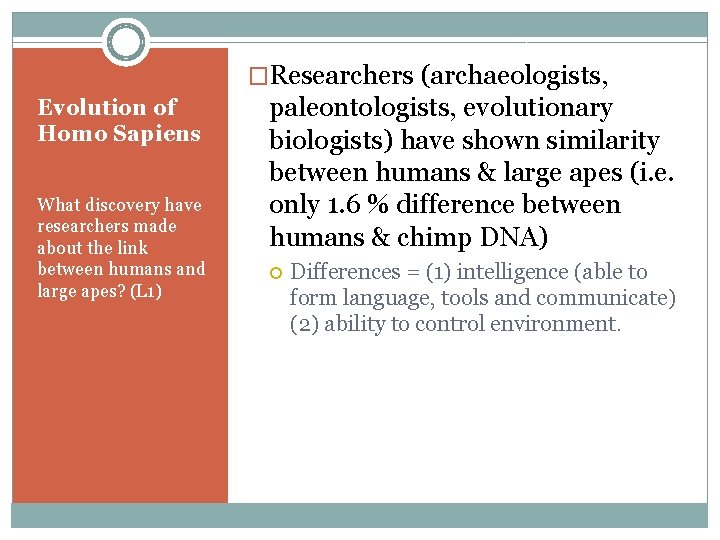 �Researchers (archaeologists, Evolution of Homo Sapiens What discovery have researchers made about the link