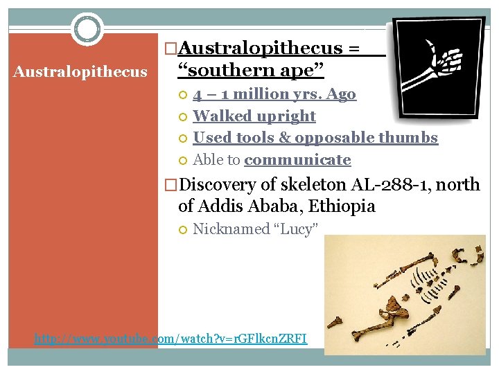 �Australopithecus = Australopithecus “southern ape” 4 – 1 million yrs. Ago Walked upright Used