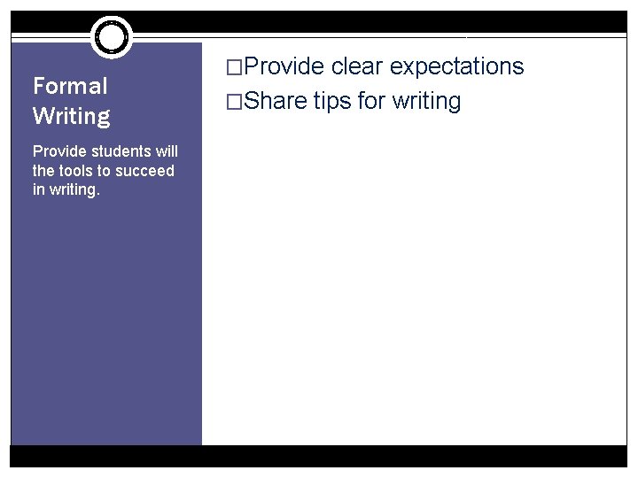 Formal Writing Provide students will the tools to succeed in writing. �Provide clear expectations