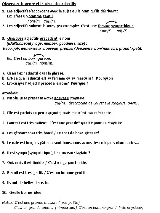 Observez: le genre et la place des adjectifs 1. Les adjectifs s’accordent avec le