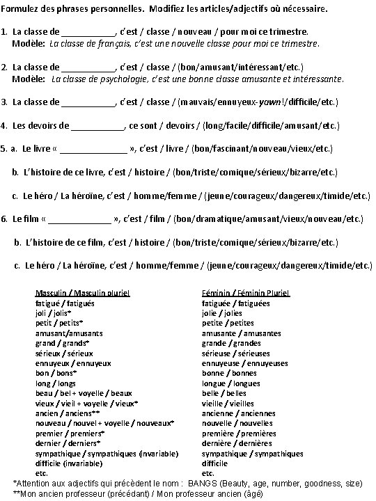 Formulez des phrases personnelles. Modifiez les articles/adjectifs où nécessaire. 1. La classe de ______,