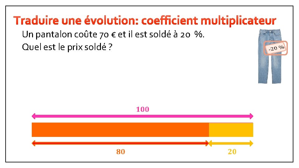 Un pantalon coûte 70 € et il est soldé à 20 %. Quel est