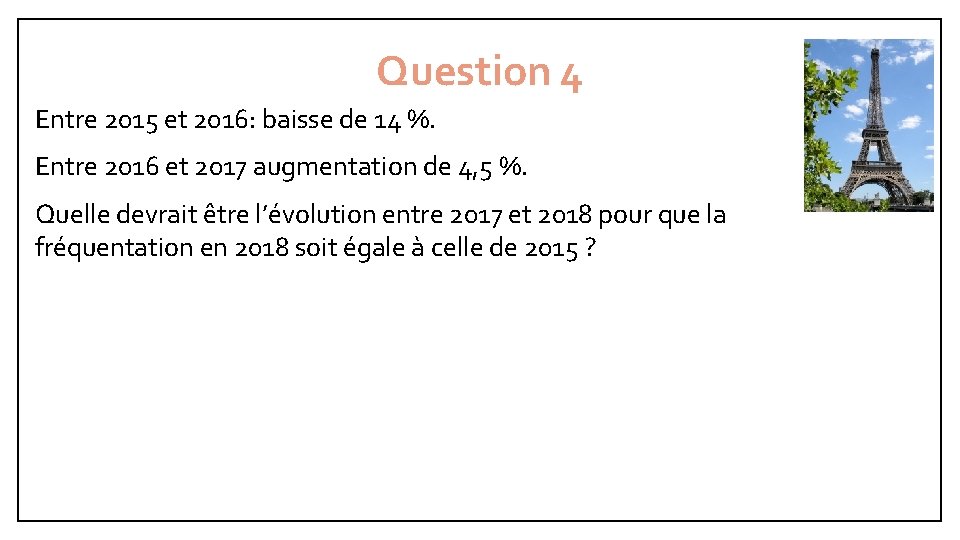 Question 4 Entre 2015 et 2016: baisse de 14 %. Entre 2016 et 2017