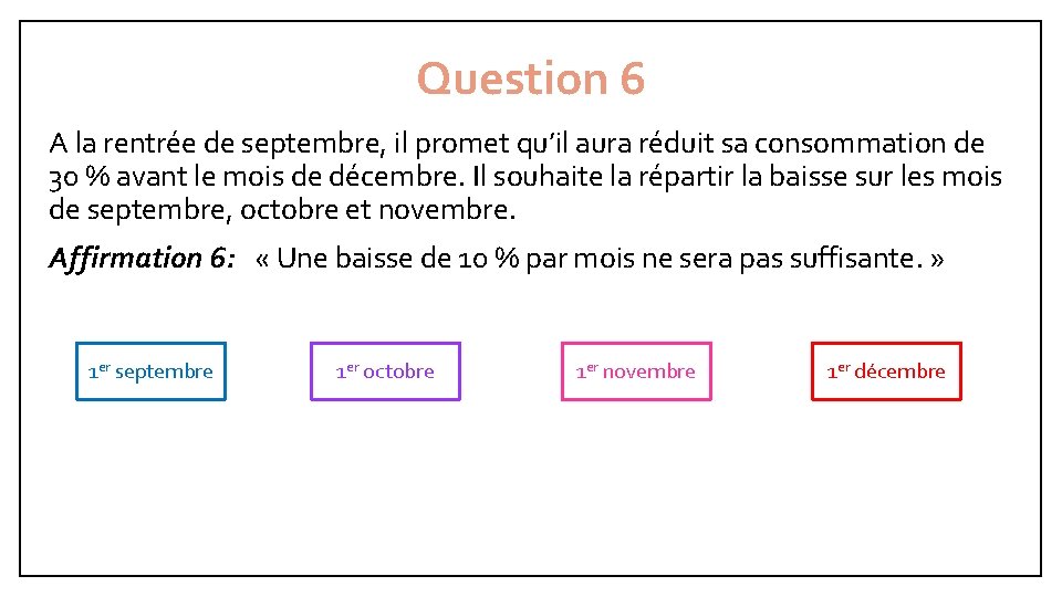 Question 6 A la rentrée de septembre, il promet qu’il aura réduit sa consommation