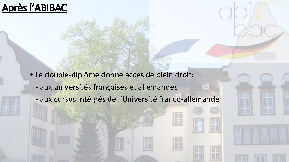 Après l’ABIBAC • Le double-diplôme donne accès de plein droit: - aux universités françaises