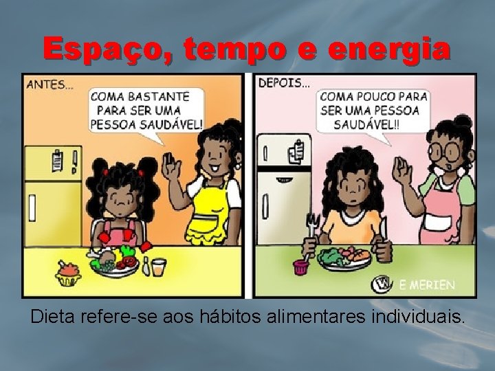 Espaço, tempo e energia Dieta refere-se aos hábitos alimentares individuais. 