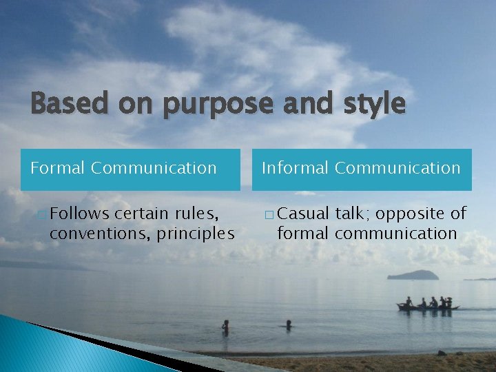 Based on purpose and style Formal Communication � Follows certain rules, conventions, principles Informal
