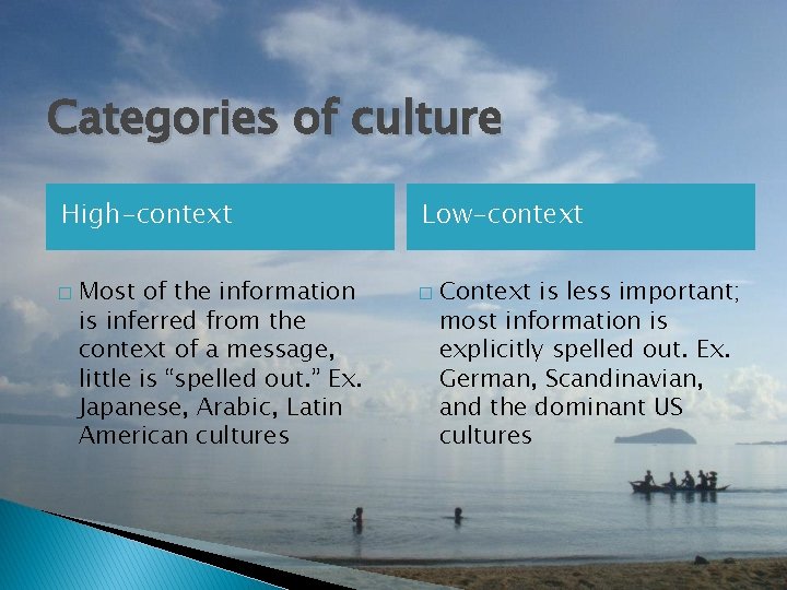Categories of culture High-context � Most of the information is inferred from the context