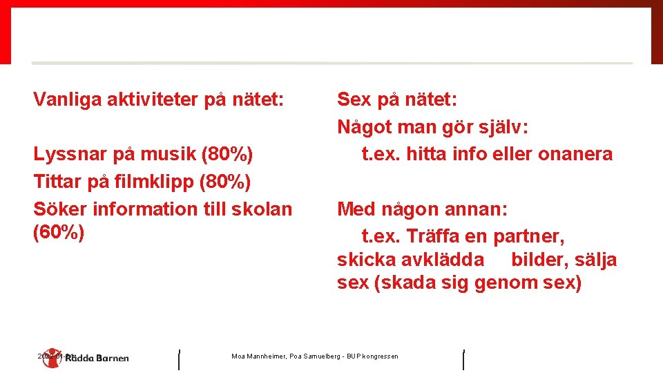 Vanliga aktiviteter på nätet: Lyssnar på musik (80%) Tittar på filmklipp (80%) Söker information