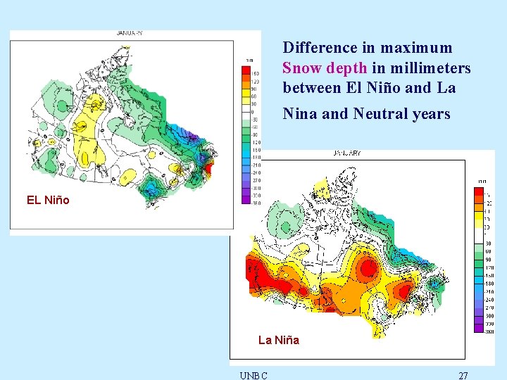 Difference in maximum Snow depth in millimeters between El Niño and La Nina and