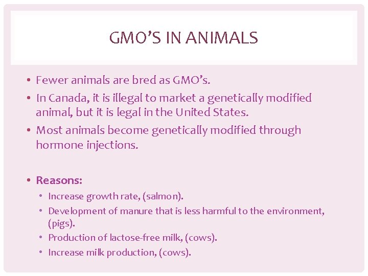 GMO’S IN ANIMALS • Fewer animals are bred as GMO’s. • In Canada, it