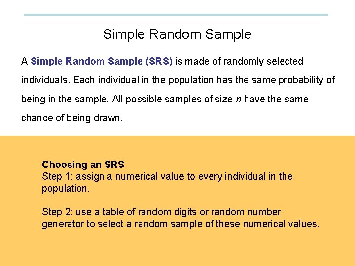 Simple Random Sample A Simple Random Sample (SRS) is made of randomly selected individuals. Simple Random Sample A Simple Random Sample (SRS) is made of randomly selected individuals.