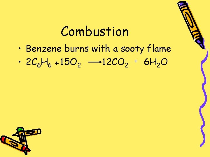 Combustion • Benzene burns with a sooty flame • 2 C 6 H 6