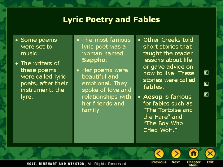 Lyric Poetry and Fables • Some poems were set to music. • The writers